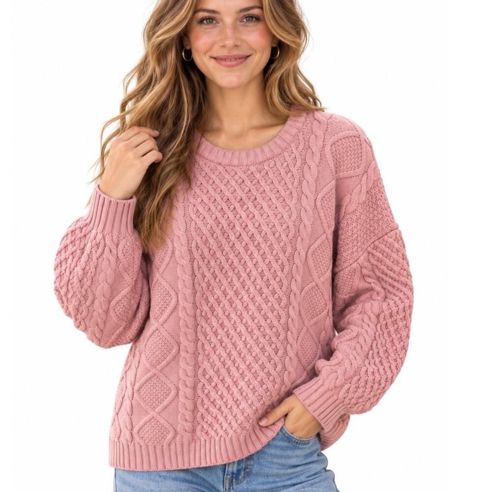 Sunday Best Peggy Sweater Womens Small Pink Cable Knit Wool Cotton Chunky Cozy